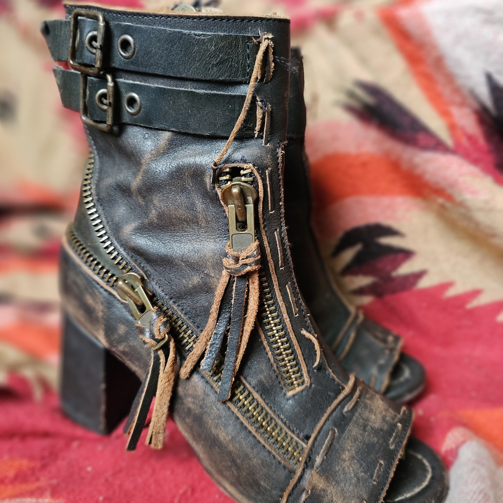 FREEBIRD BY STEVEN ZOMBIE Black Leather Ankle Boots with Zipper Detail